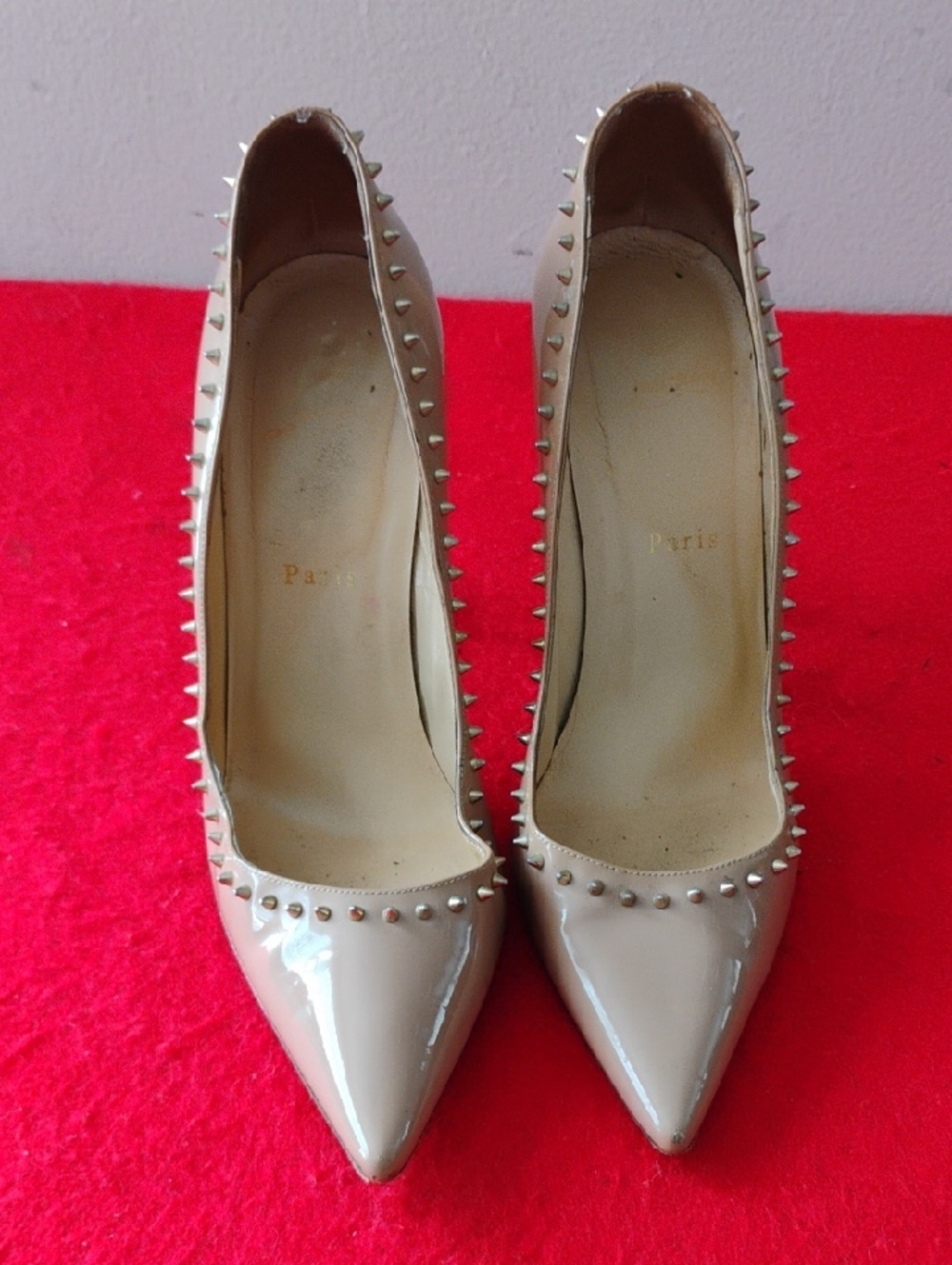 Patent Pointed-Toe Studded Pumps in Beige